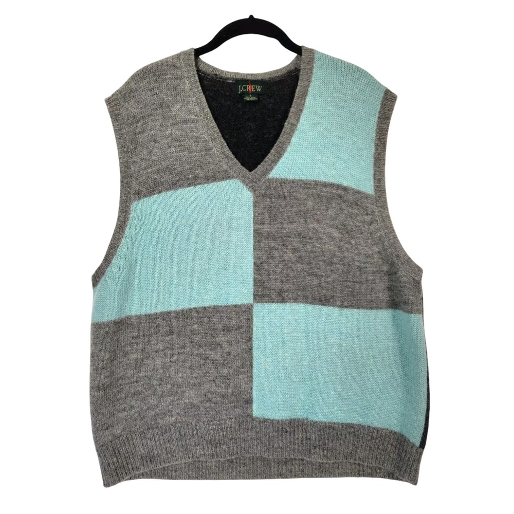 Vtg J Crew‎ Men's L Wool Knit Vest V-Neck Colorblock Teal Patchwork Career Punk